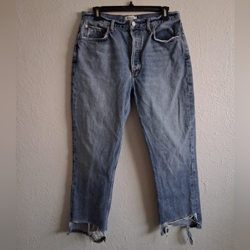 Agolde Riley Crop High Rise Medium Wash Frayed Size 30 Button Fly Distressed